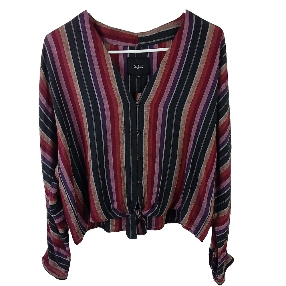 Rails Women's Striped Linen Blend Front Tie Shirt Top Medium Sloane Brava Stripe
